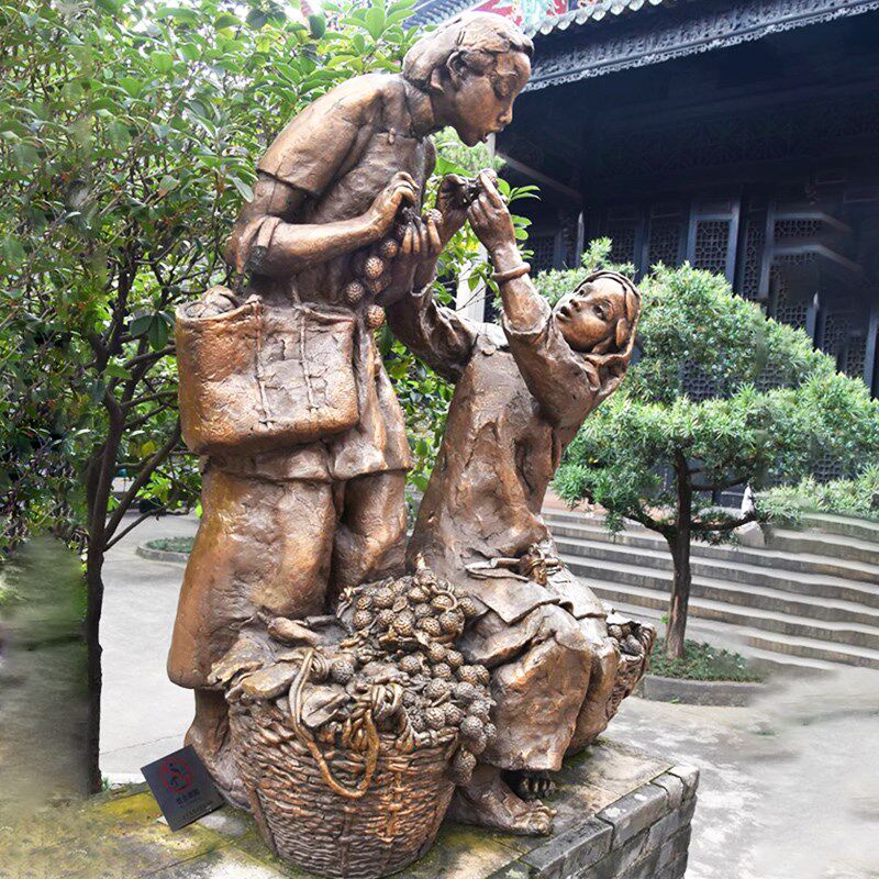 民俗民风小品定制玻璃钢卖荔枝品尝水果人物雕塑铸铜户外落地摆件