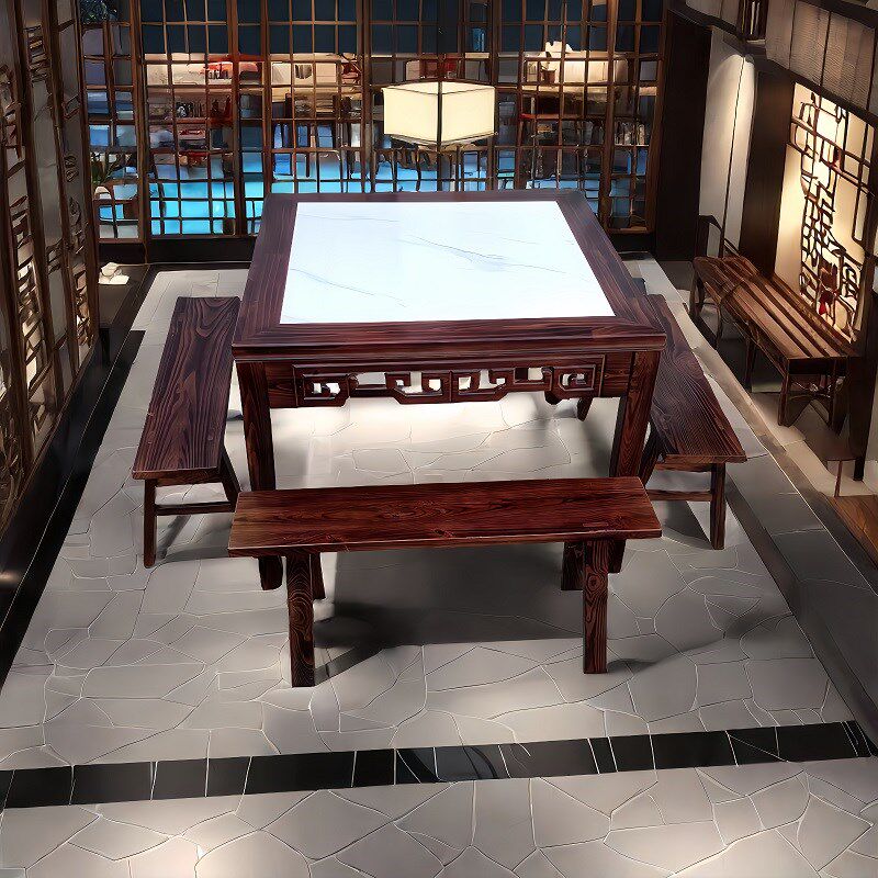 实木中式岩板八仙桌饭店商用四方桌凳农家乐正方形仿古雕花餐桌椅
