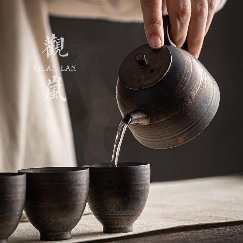 观岚复古鎏金粗陶茶壶手工薄胎陶瓷铁锈釉单壶功夫茶具家用泡茶壶