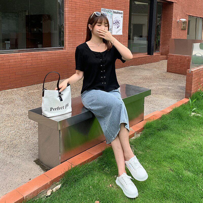 女装2024新款套装夏季大码胖mm200斤短款针织上衣牛仔半身长裙子