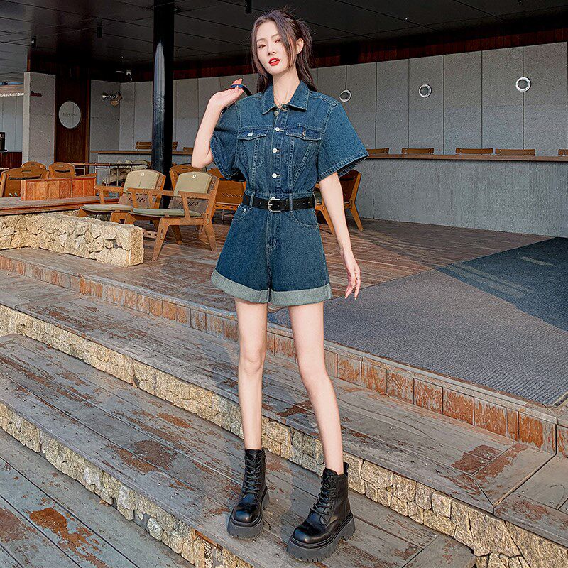 复古牛仔连体短裤女套装秋季2024新款工装短袖小个子收腰阔腿裤子