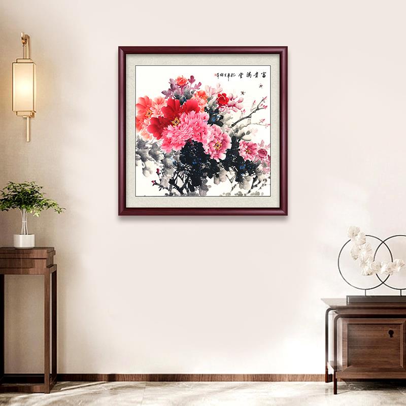 新中式牡丹国画斗方中国风客厅挂画玄关装饰画挂画走廊背景墙壁画