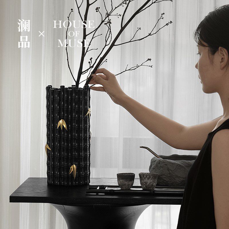 澜品金叶新中式竹子花瓶民宿茶室花器桌面装饰品高级感摆件
