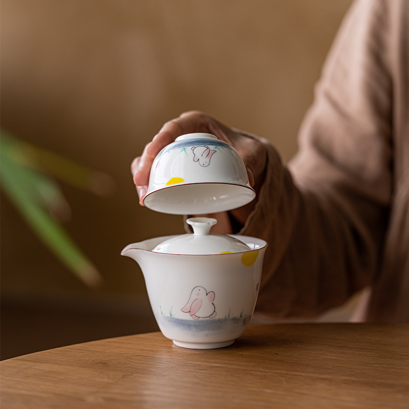画续白瓷手绘兔子快客杯一壶一杯旅行茶具便携式一人饮收纳包旅游