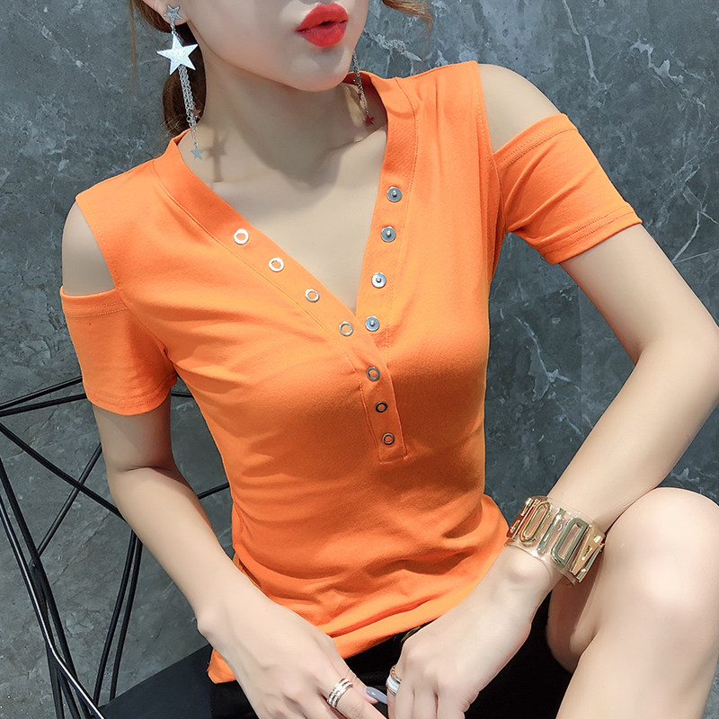 女装2021新款性感露肩V领T恤女短袖夏洋气上衣百搭显瘦小衫丅恤潮