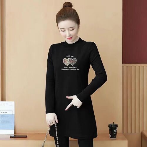 双面德绒长袖打底衫女加绒加厚秋冬外穿中长款遮肚保暖妈妈装上衣