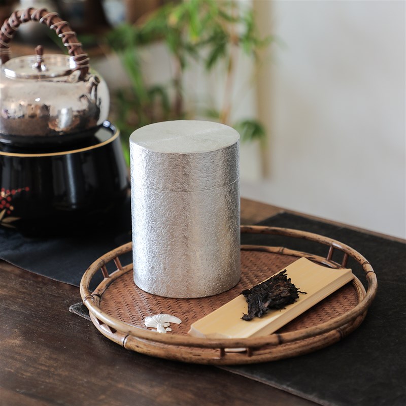 秦藏阁 春和雪花纹直筒纯锡茶叶罐纯手工复古中式双盖密封茶入