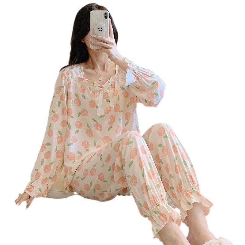 春秋天绵绸睡衣女士长袖薄款棉绸套装韩版人造棉宽松家居服加大码