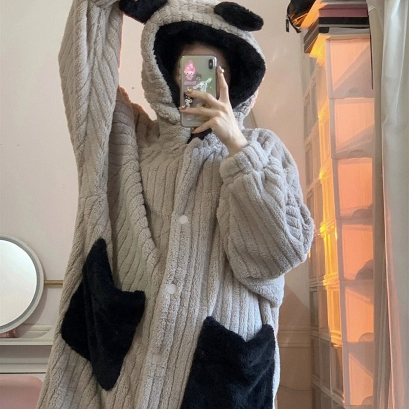 珊瑚绒睡袍女秋冬季2023新款连帽韩版ins风高级感长款睡衣家居服