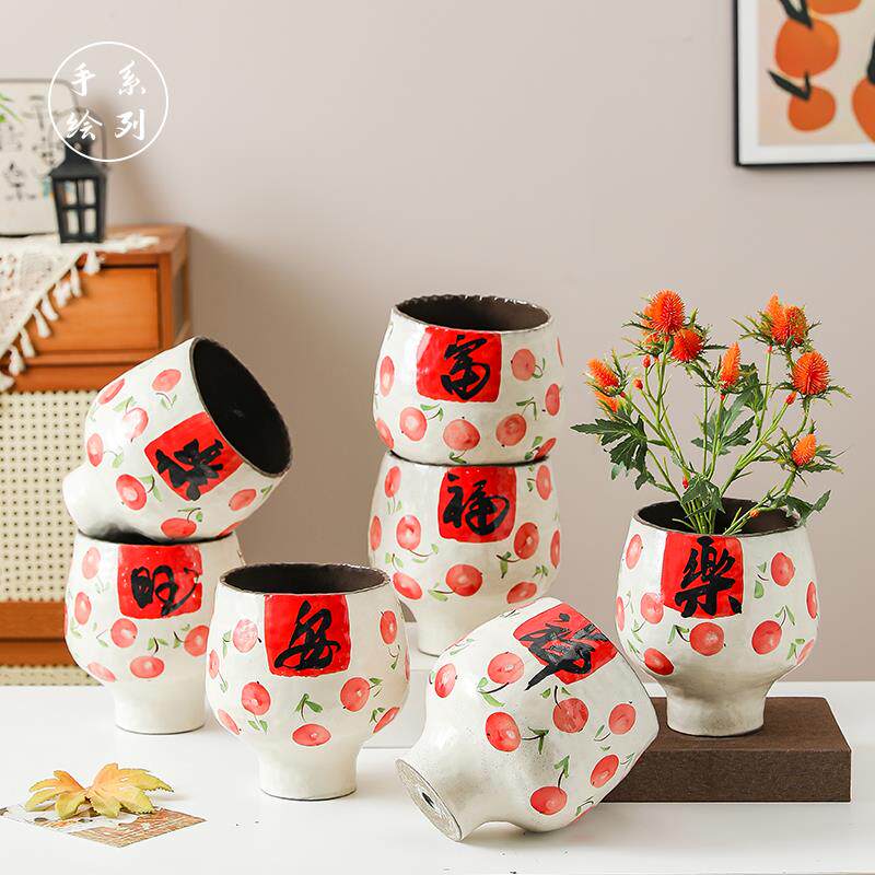 陶瓷花盆新年装饰桌面红色手绘家用中式福字客厅摆件大号中式花器