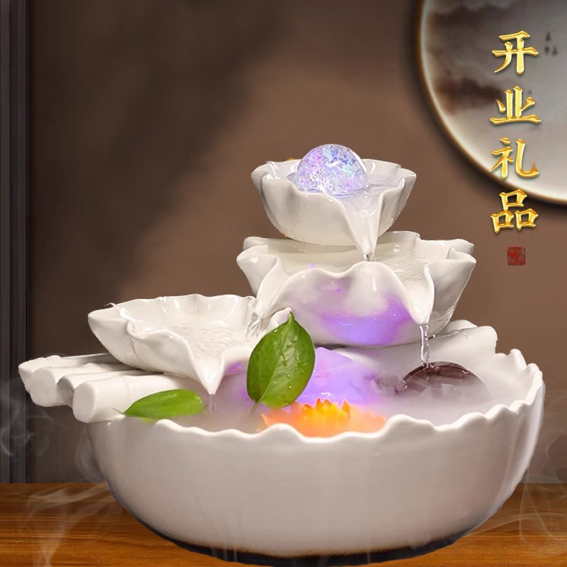 陶瓷鱼缸荷花流水摆件循环水办公桌装饰客厅桌面招财风水轮凤水球