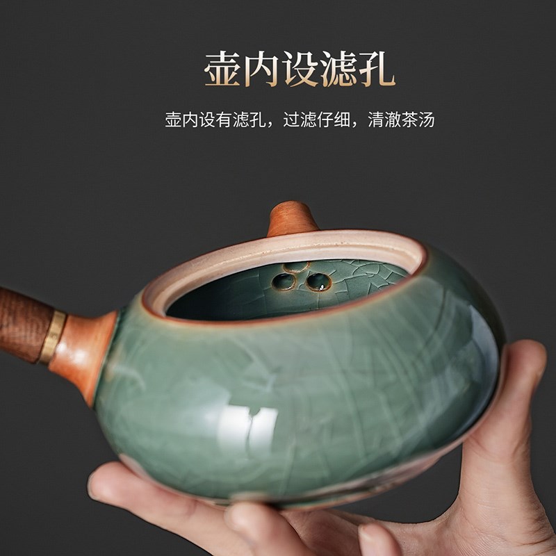 哥窑侧把茶壶单个大号泡茶家用木把防烫功夫茶具陶瓷单壶2024新款