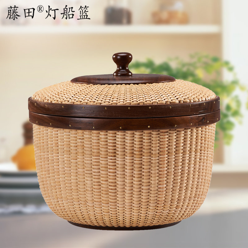 藤编收纳筐 水果篮带盖收纳盒整理篮收纳框创意 收纳篮置物篮储物