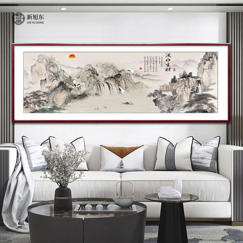 新中式客厅沙发背景墙装饰画中国风流水生财山水画背有靠山挂画