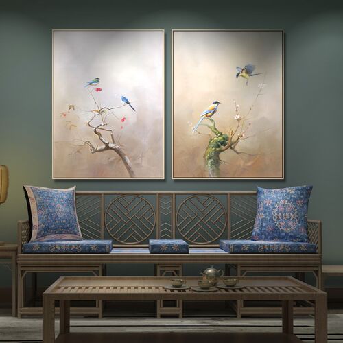 玄关装饰画新中式禅意客厅挂画餐厅卧室手绘油画沙发背景花鸟壁画