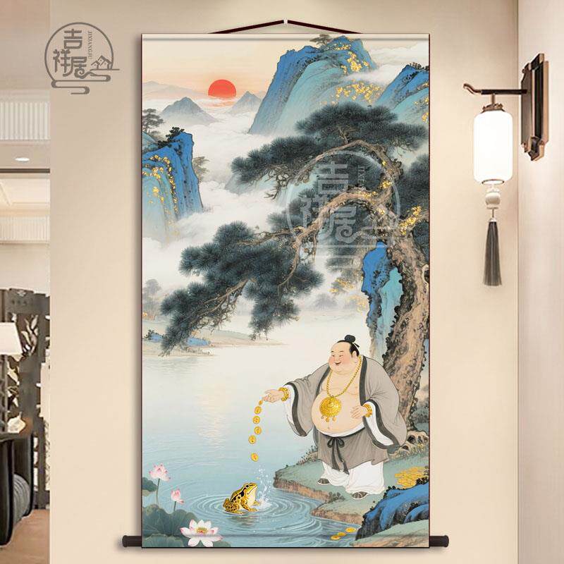 刘海戏金蟾画像高清西北财神爷童子招财客厅玄关中式装饰挂画摆件