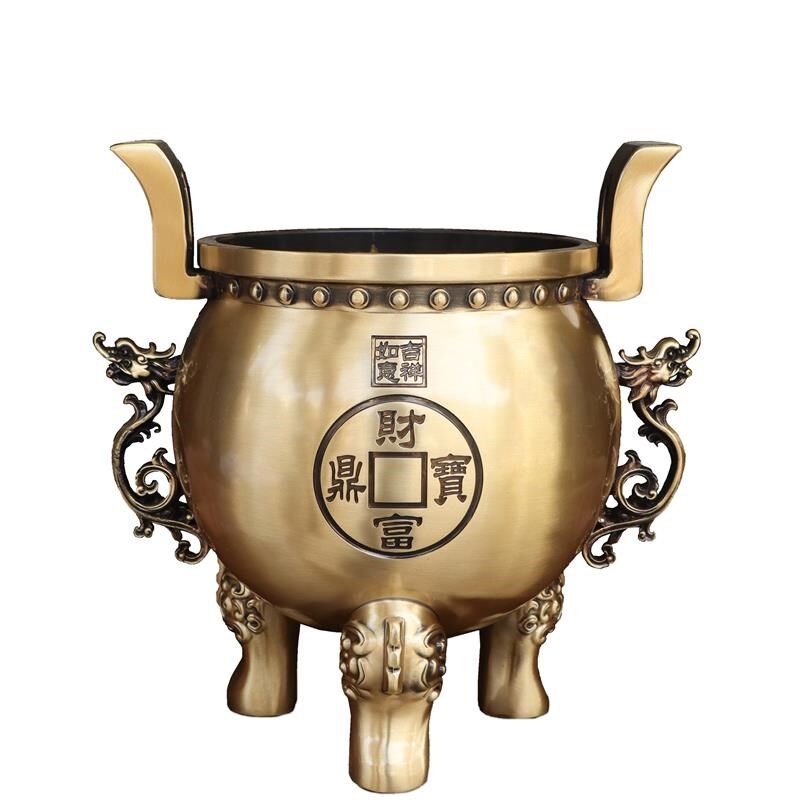 纯黄铜铜鼎财富宝鼎摆件家用三足圆鼎聚宝香炉供奉上香铜艺品摆设