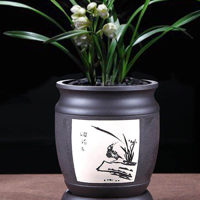 紫砂花盆兰花盆带托盘大号家用圆形拉毛盆君子兰陶瓷多肉透气花盆
