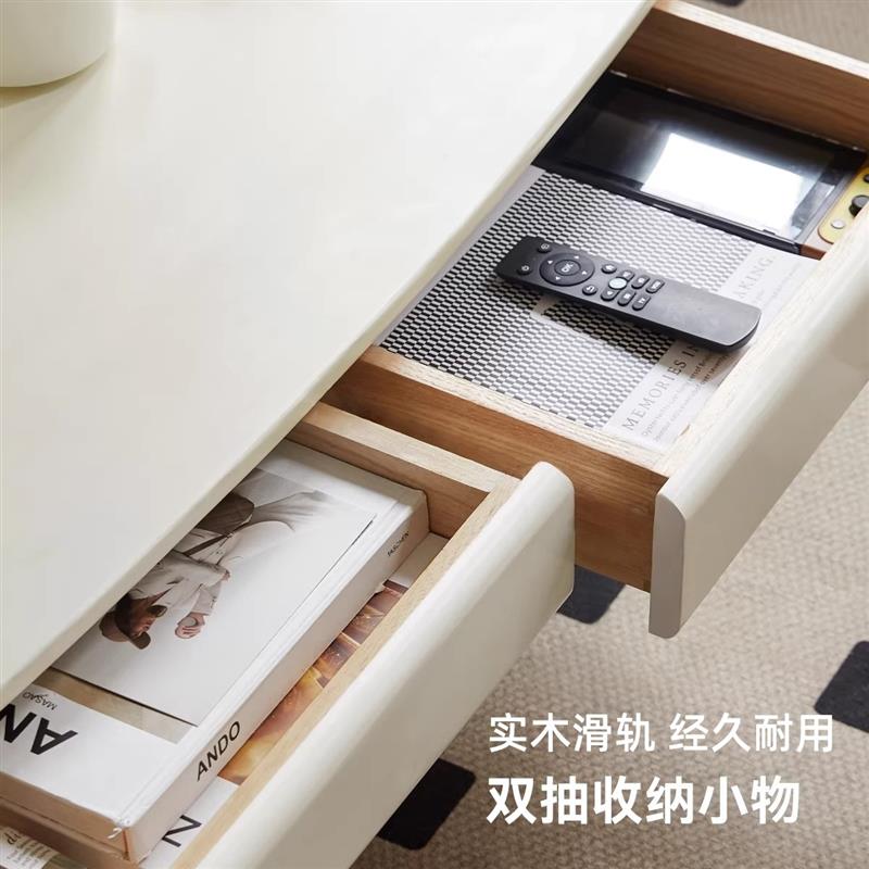 现代简约椭圆形茶几实木白色客厅家用储物抽屉桌全实木网红款茶几
