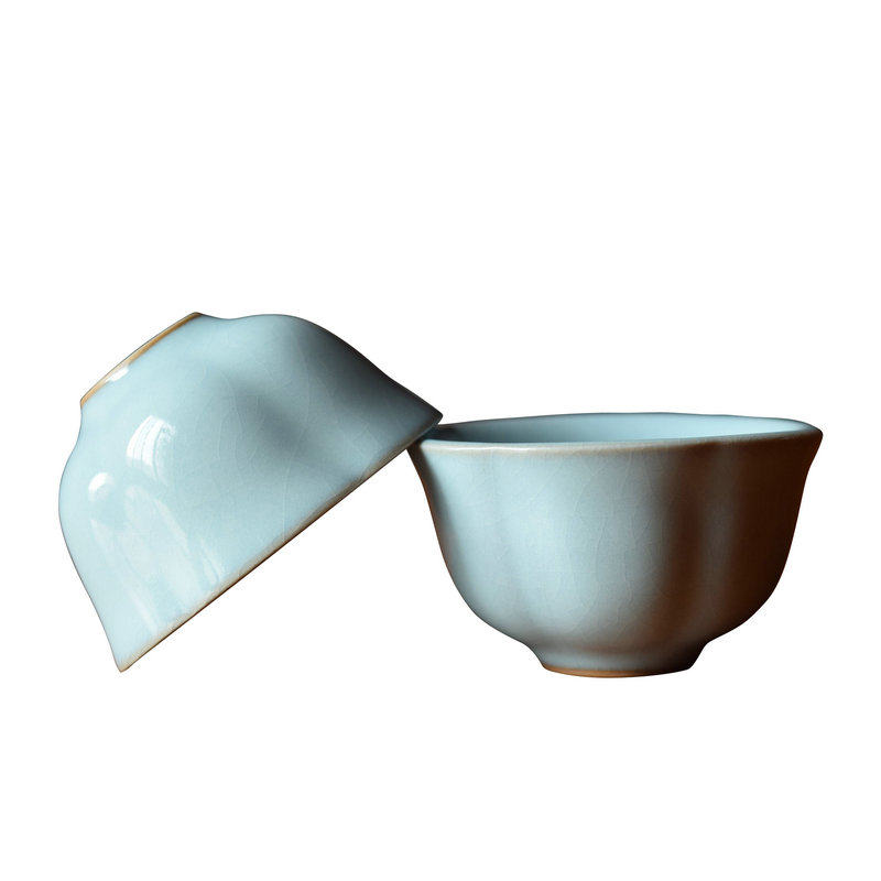 玉松汝瓷天青釉品茗杯汝窑主人杯功夫茶杯开片梅花杯 敞口杯 杯托