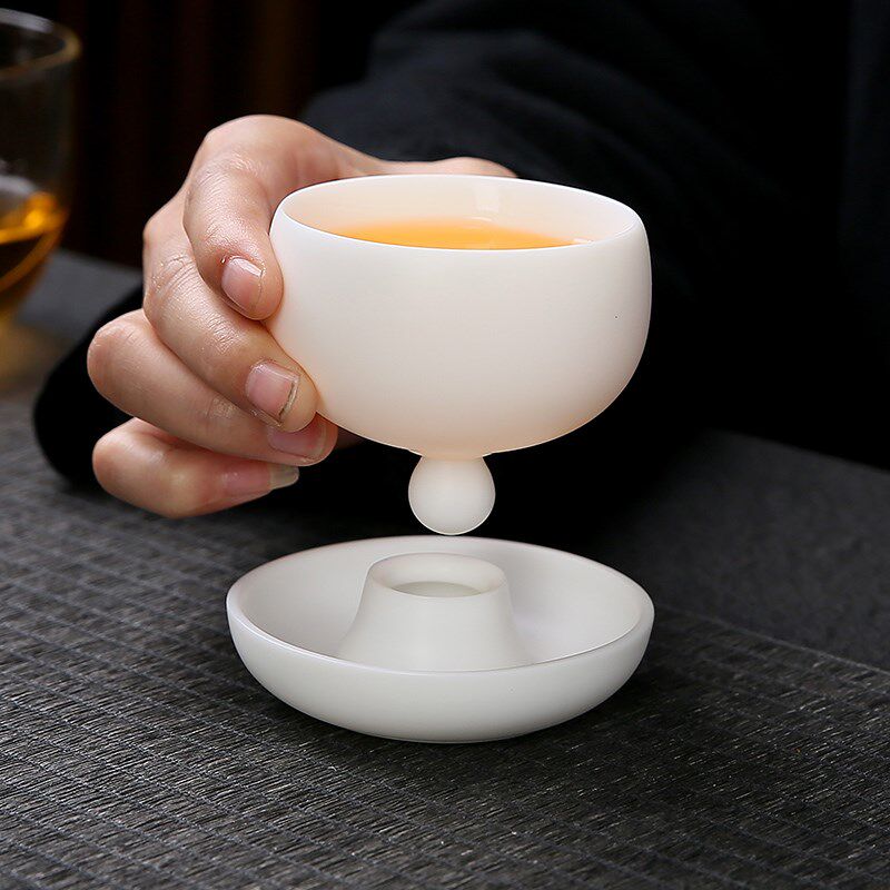 素烧羊脂玉铃铛杯主人杯功夫茶具品茗杯不倒杯白瓷茶杯单杯专用杯