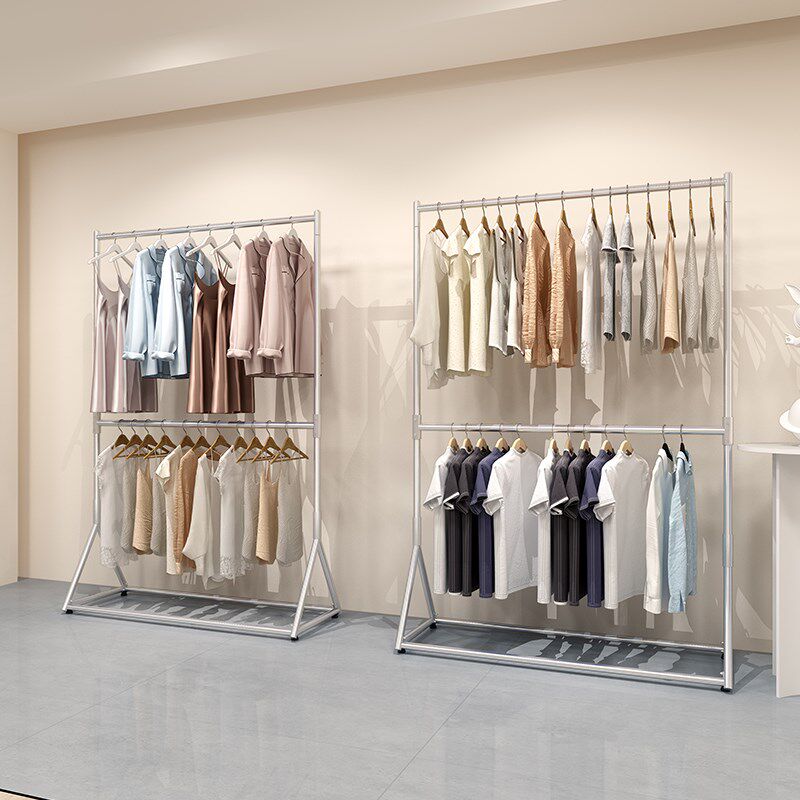 银色服装店挂衣架童装店展示架双层可调节室内阳台晾衣架龙门架子