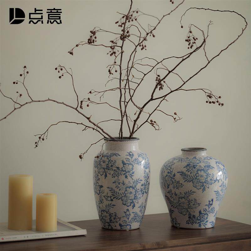 陶瓷花瓶冰裂纹青花瓷景德镇复古新中式客厅仿古摆件民宿玄关水培