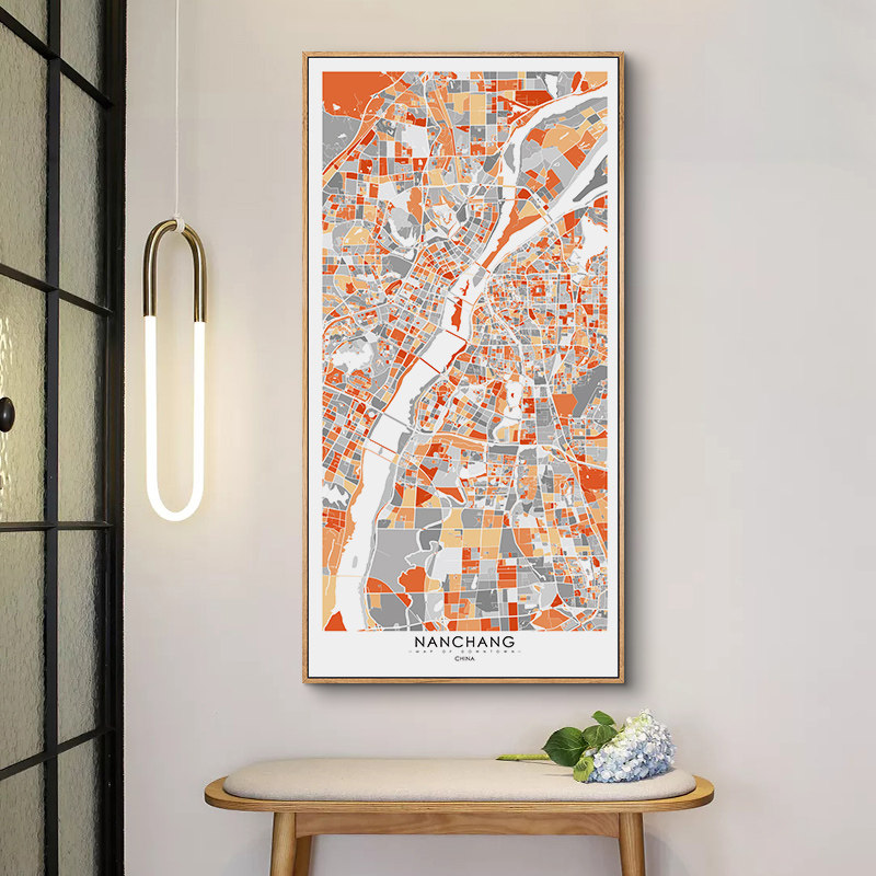 鳟鱼北欧玄关地图装饰画 简约走廊竖版过道挂画 入户装饰现代壁画