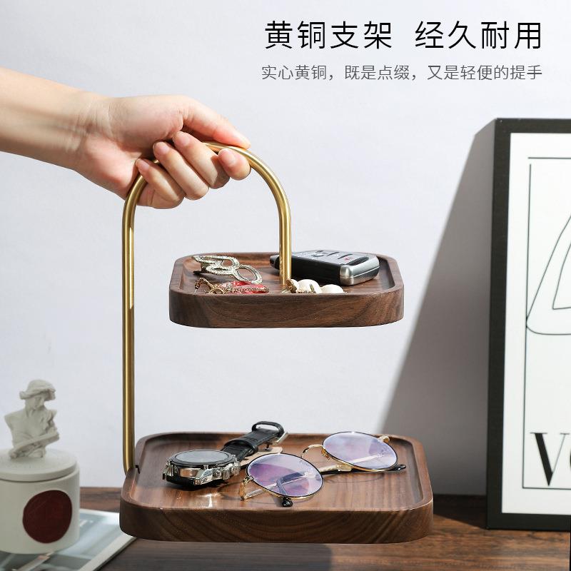 黑胡桃木托盘干果蛋糕盘客厅水果点心欧式双层果盘木质玄关收纳架