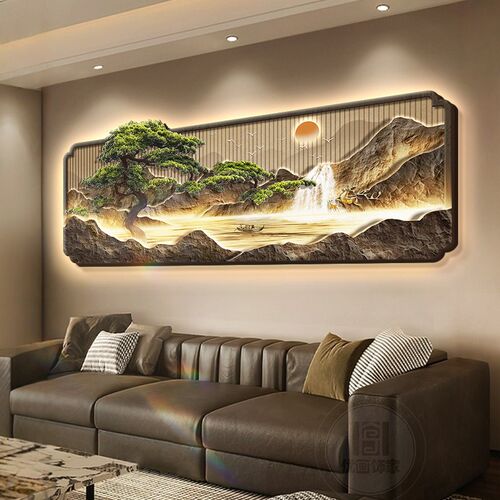 流水生财客厅装饰画新中式迎客松沙发背景墙挂画轻奢山水发光壁画