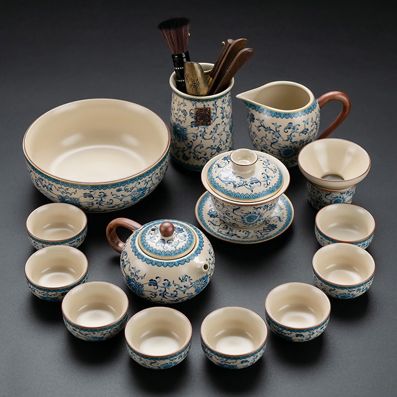 米色汝窑功夫茶具青花缠枝莲西施壶茶杯整套现代简约陶瓷茶具套装
