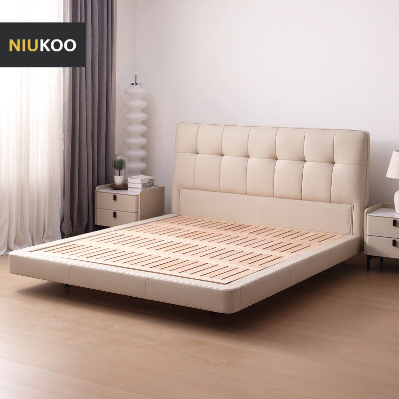 NIUKOO 真皮床榉木排骨架双人床1.8简约现代小户型极简齐边悬浮床