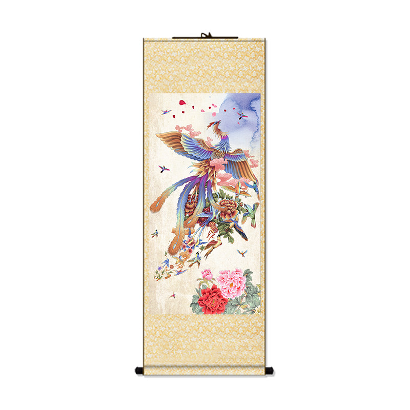 国画百鸟朝凤图玄关装饰挂画现代入户中欧式卷轴吉祥如意凤凰字画
