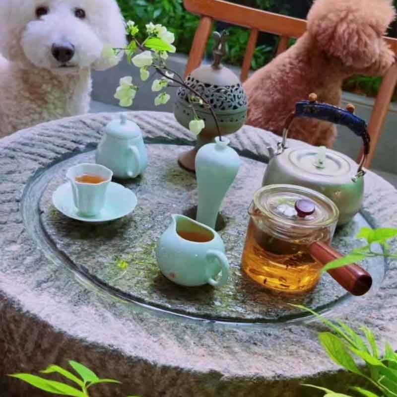 老石磨茶台  木架石头茶几复古天然旧石盘桌庭院室内外