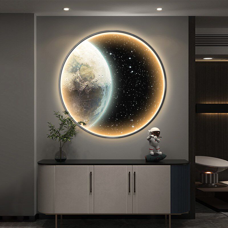 高级感星空玄关装饰画圆形灯箱亚克力发光壁画星球餐厅卧室氛围灯