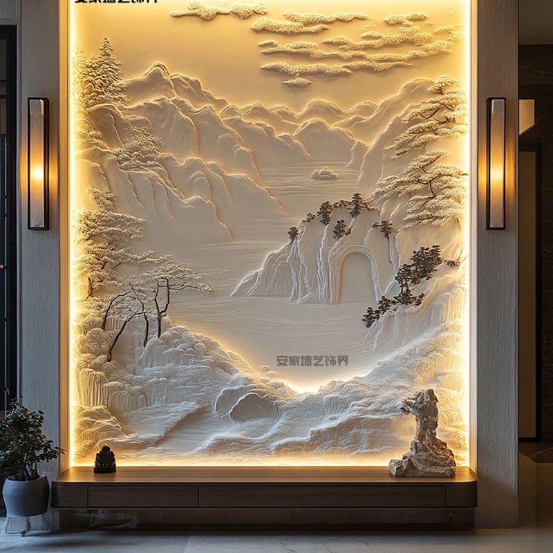 别墅浮雕公司前台立体背景墙复式楼挑空电视客厅玄关新中式护墙板