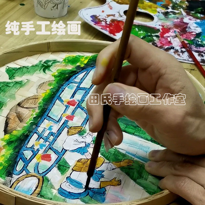 手绘竹编簸箕画农家乐装饰农耕文化美丽乡村田园墙面墙壁挂饰挂件