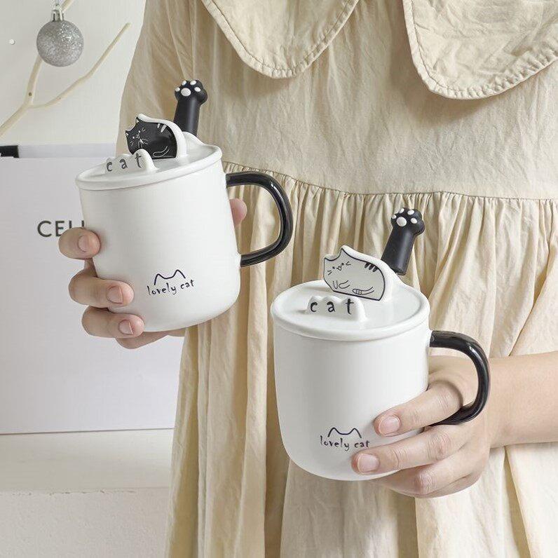 猫咪杯子家用女生陶瓷马克杯创意礼物咖啡杯带盖子子带勺可爱情侣
