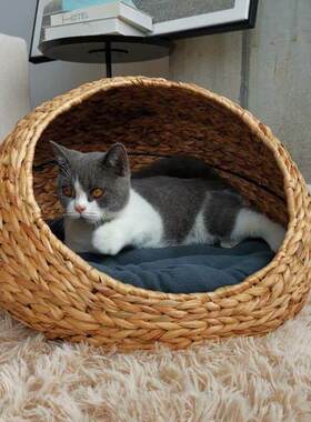 藤编封闭闭式剑麻猫爬架藤编猫窝夏季狗窝蒲草四季两用日式新款