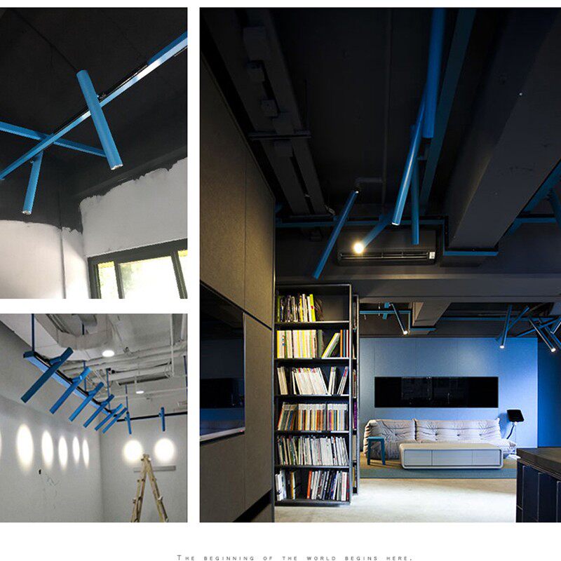 led工业风明装轨道射灯服装店铺展厅网咖长杆滑导轨式商用蓝色灯