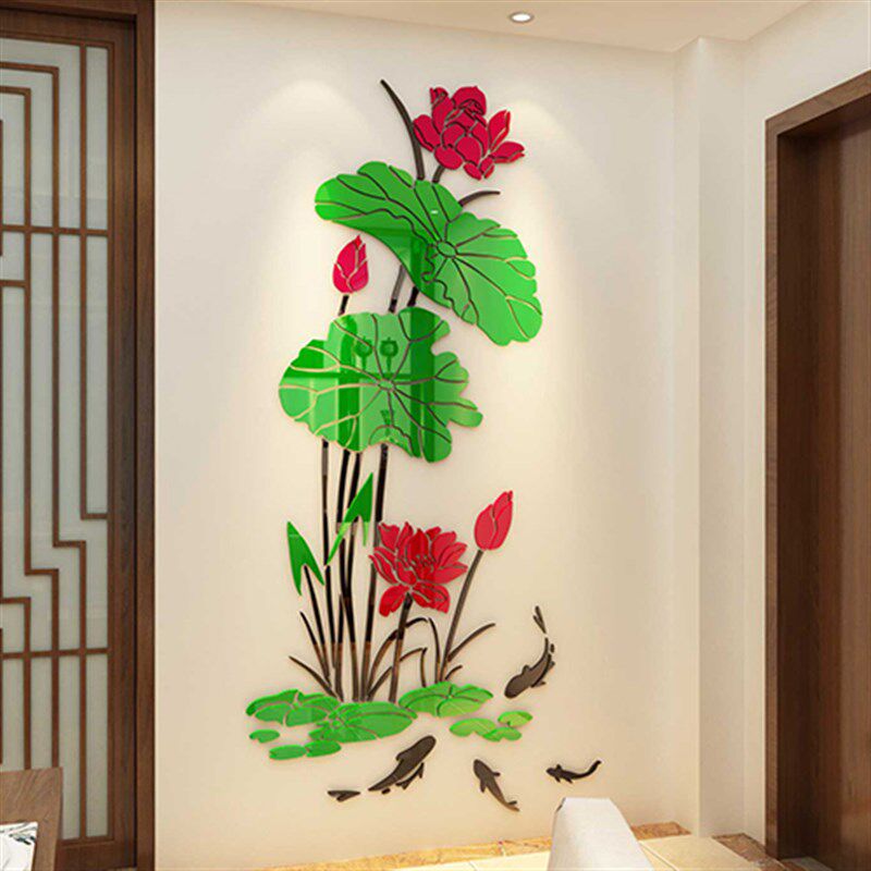 荷花亚克力墙贴3d立体新年电视背景墙贴画玄关墙面装饰贴纸中国风