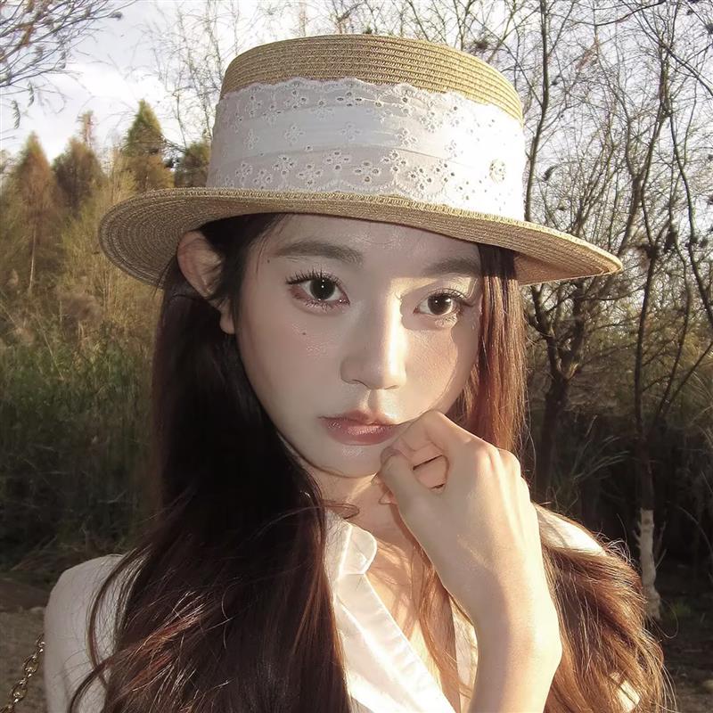 法式蕾丝织带编织草帽女夏季海边度假防晒遮阳帽气质百搭平顶礼帽