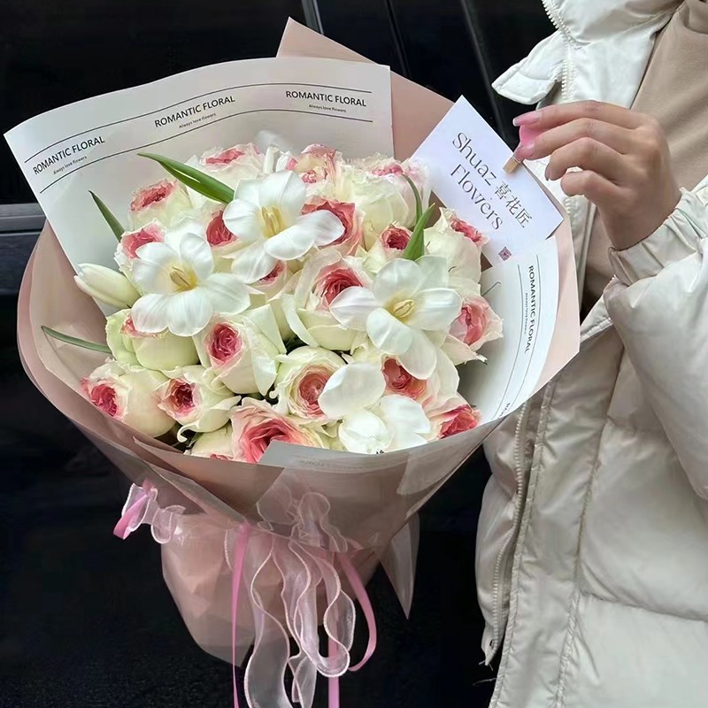 白桃乌龙奶盖玫瑰郁金香花束北京上海广州生日鲜花速递同城配送花