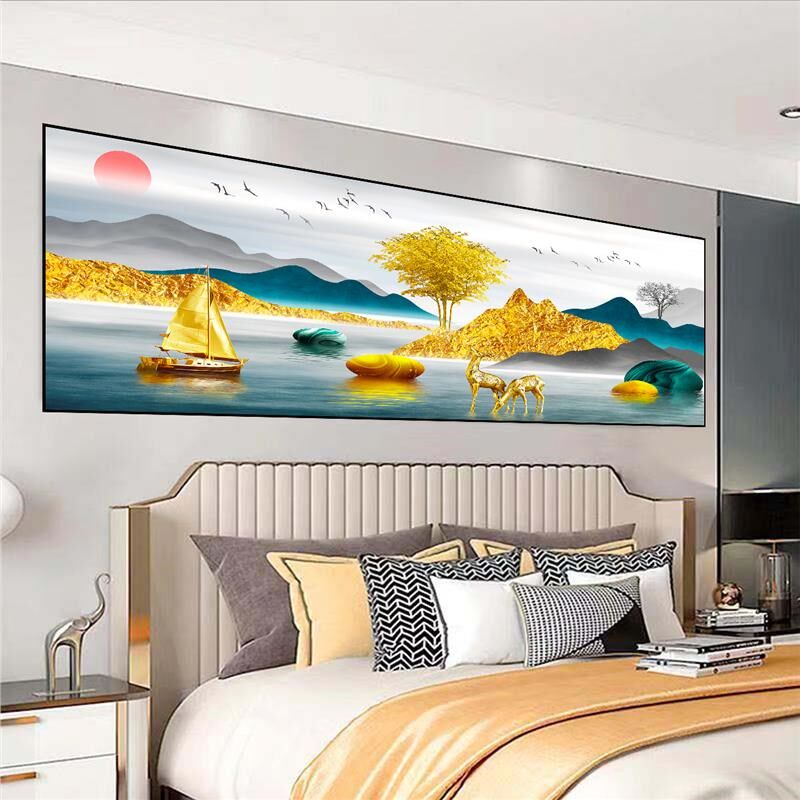 卧室床头装饰画主卧自粘贴画背靠金山前程似锦风水壁画客厅背景墙