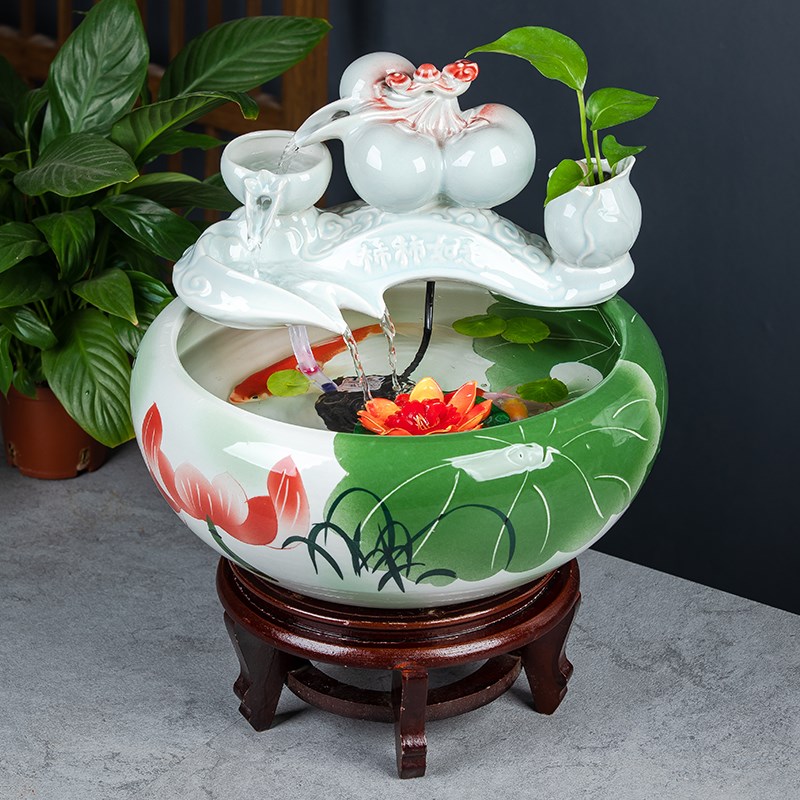 陶瓷桌面喷泉摆件加湿器流水风水轮乔迁开运陶瓷缸青花山水陶瓷喷