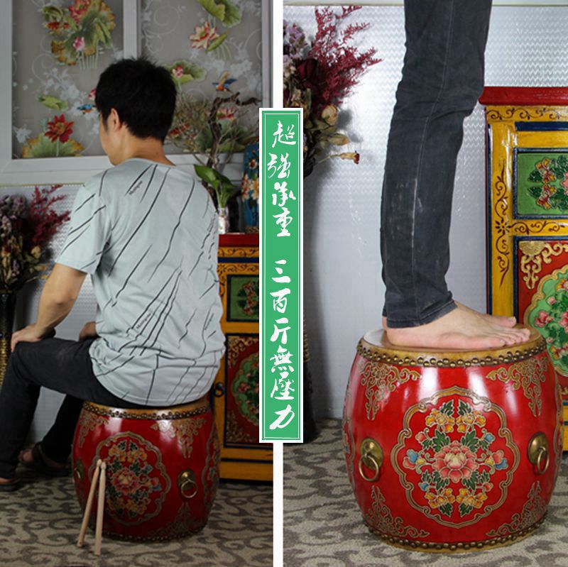 做旧实木凳子圆凳沙发凳子客厅凳中式凳彩绘牛皮鼓凳换鞋凳绣墩