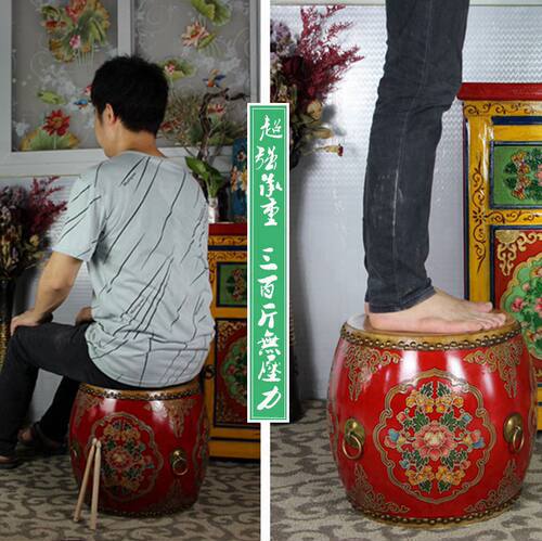 做旧实木凳子圆凳沙发凳子客厅凳中式凳彩绘牛皮鼓凳换鞋凳绣墩
