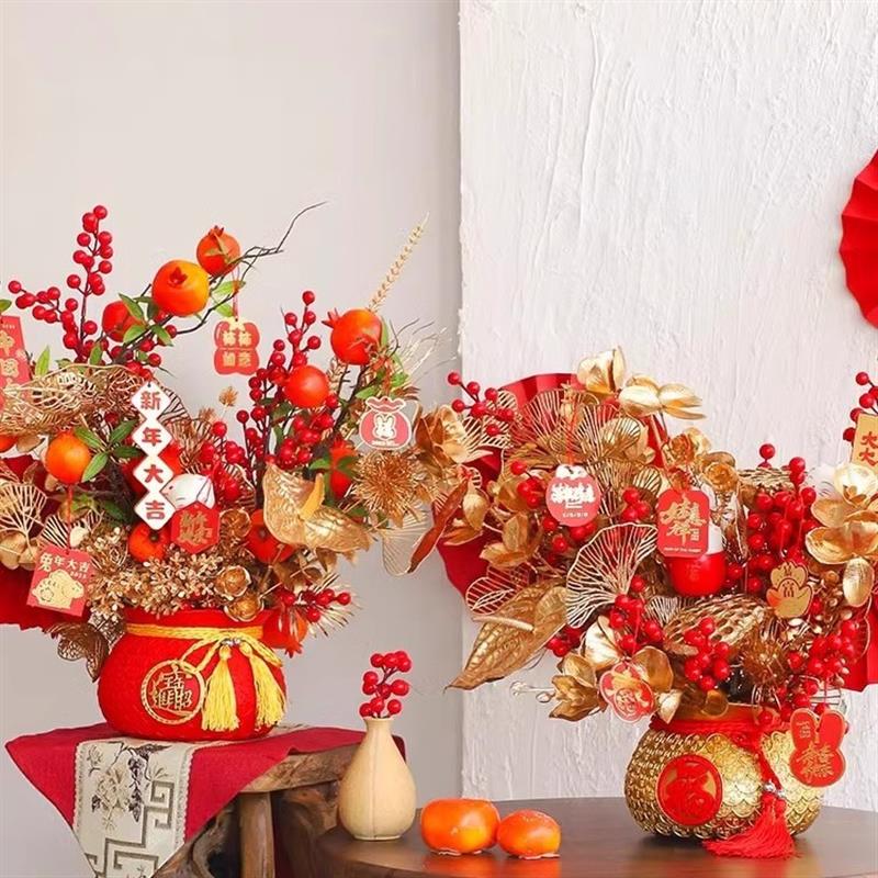 红果发财果插花桶塑料红色聚宝盆新年春节福桶抱抱桶摆件鲜花礼盒图片