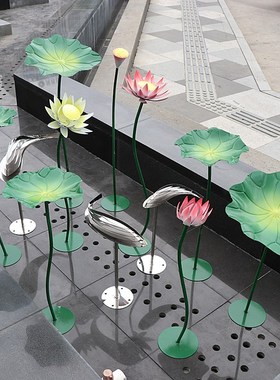 不锈钢荷花雕塑落地摆件酒店水池户外铜荷叶水景仿真艺术景观装饰