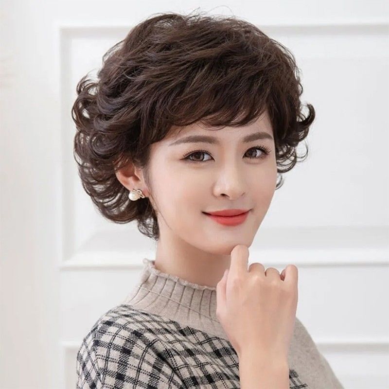 全头假发女短发中老年短卷发蓬松反翘假发妈妈款遮白发全真发头套